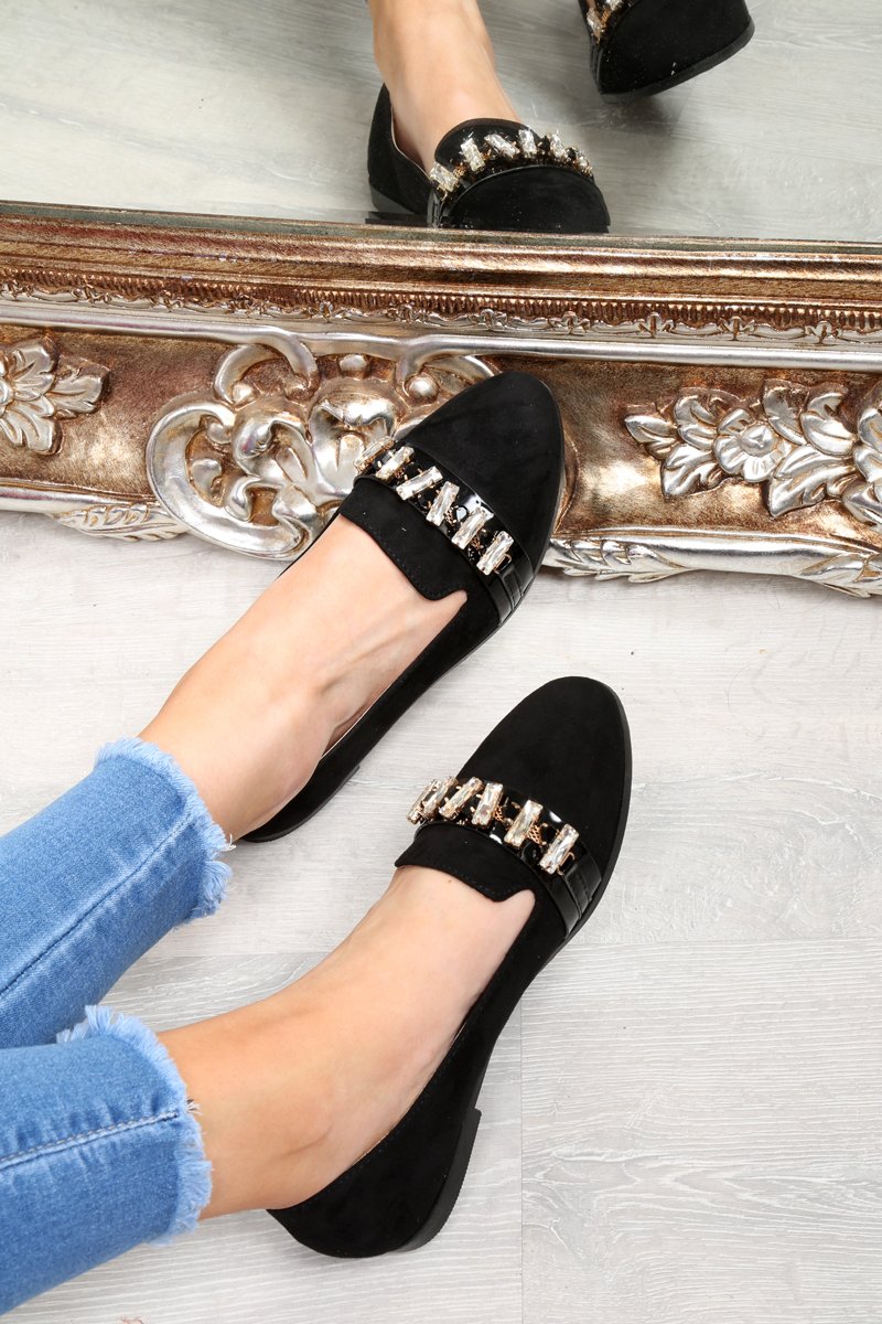 Black Faux Suede Jewel Front Flats - Hadley-Flats