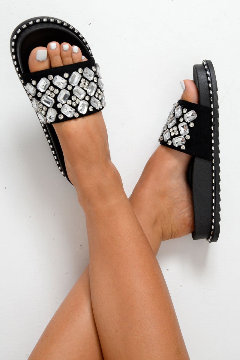 Black Faux Suede Jewel Sliders - Cosette-Sliders