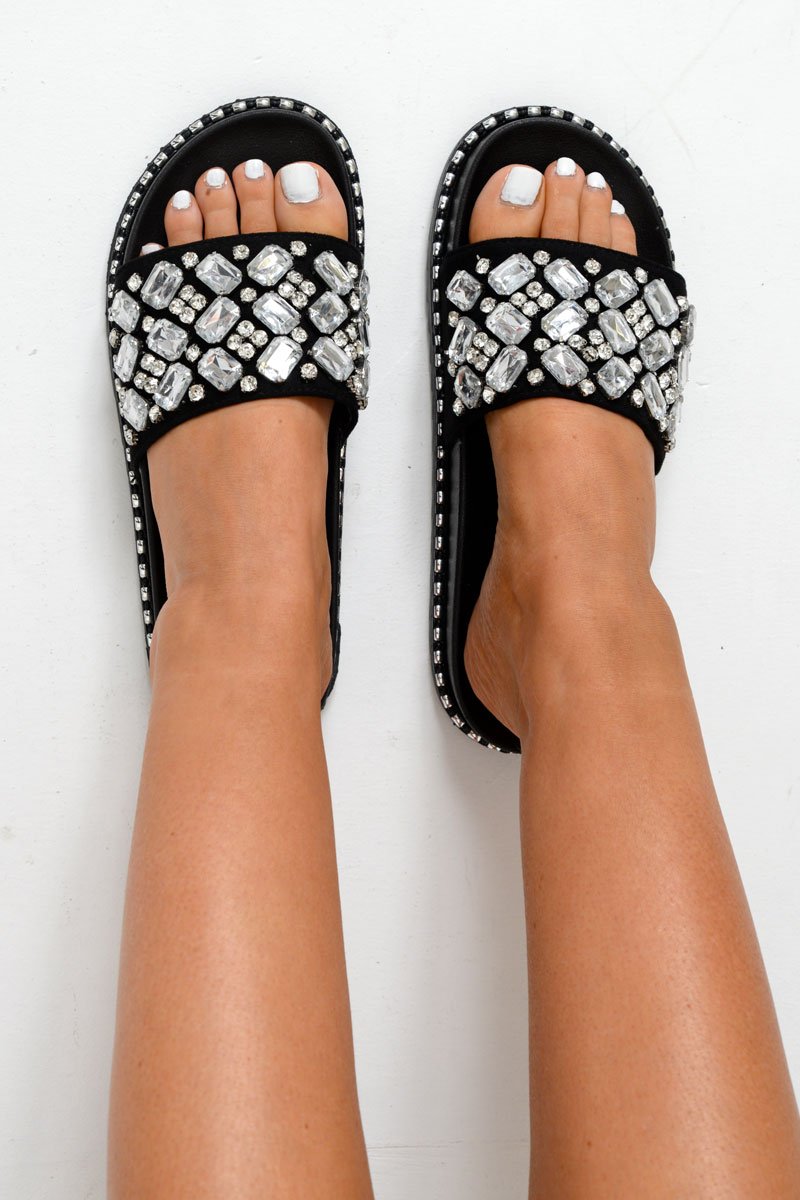 Black Faux Suede Jewel Sliders - Cosette-Sliders