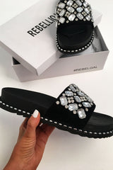 Black Faux Suede Jewel Sliders - Cosette-Sliders