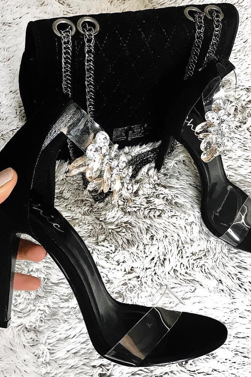 Black Faux Suede Jewelled Strap Heels - Lauri-Heels
