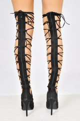Black Faux Suede Knee High Lace Up Heels - Jadalee-Heels
