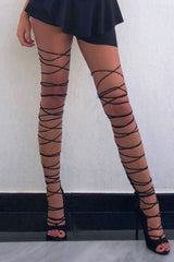 Black Faux Suede Knee High Lace Up Heels - Jadalee-Heels