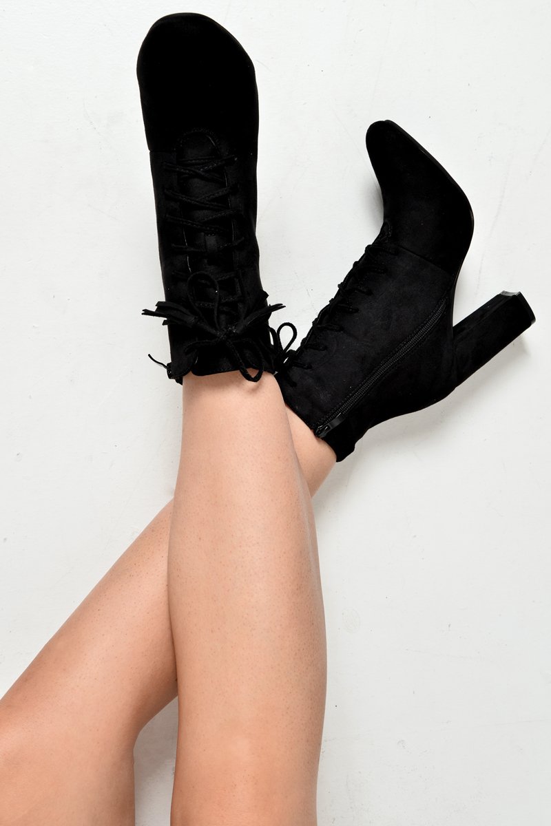 Black Faux Suede Lace Up Ankle Boots - Ryannah-Boots