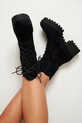 Black Faux Suede Lace Up Army Boots - Shadyn-Boots