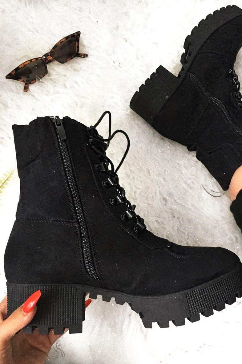 Black Faux Suede Lace Up Army Boots - Shadyn-Boots