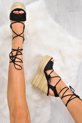 Black Faux Suede Lace Up Metallic Wedges - Sannie-Wedges