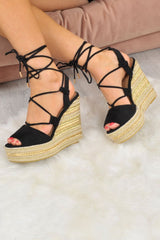 Black Faux Suede Lace Up Metallic Wedges - Sannie-Wedges