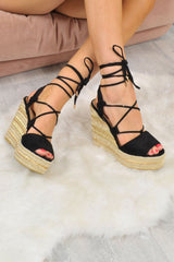 Black Faux Suede Lace Up Metallic Wedges - Sannie-Wedges