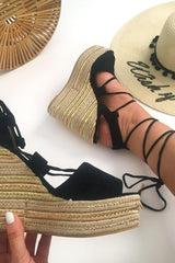 Black Faux Suede Lace Up Metallic Wedges - Sannie-Wedges