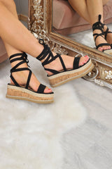 Black Faux Suede Lace Up Platform Wedges - Camara-Wedges