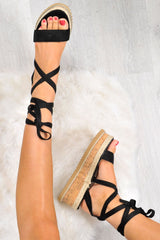 Black Faux Suede Lace Up Platform Wedges - Camara-Wedges
