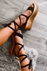 Black Faux Suede Lace Up Platform Wedges - Camara-Wedges