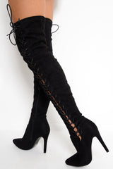 Black Faux Suede Lace Up Side Thigh High Boots - Giavanni-Boots