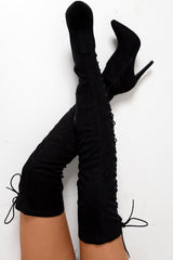 Black Faux Suede Lace Up Side Thigh High Boots - Giavanni-Boots