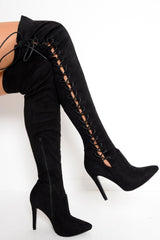 Black Faux Suede Lace Up Side Thigh High Boots - Giavanni-Boots