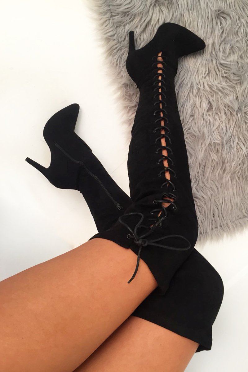 Black Faux Suede Lace Up Side Thigh High Boots - Giavanni-Boots