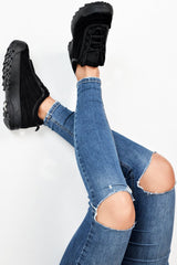 Black Faux Suede Lace Up Sole Detail Trainers - Aviana-Trainers