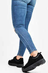 Black Faux Suede Lace Up Sole Detail Trainers - Aviana-Trainers