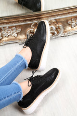 Black Faux Suede Lace Up Wedged Brogue Trainers - Tonya-Trainers