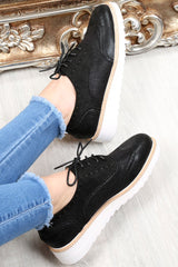 Black Faux Suede Lace Up Wedged Brogue Trainers - Tonya-Trainers