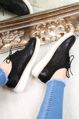 Black Faux Suede Lace Up Wedged Brogue Trainers - Tonya-Trainers
