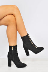 Black Faux Suede Looped Corset Detail Block Heel Ankle Boots - Fenna-Boots