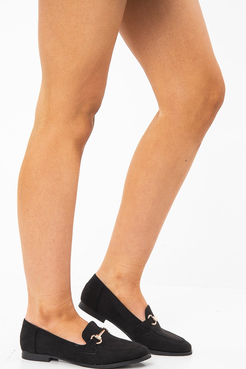 Black Faux Suede Metal Hardware Front Loafers - Michelle-Flats