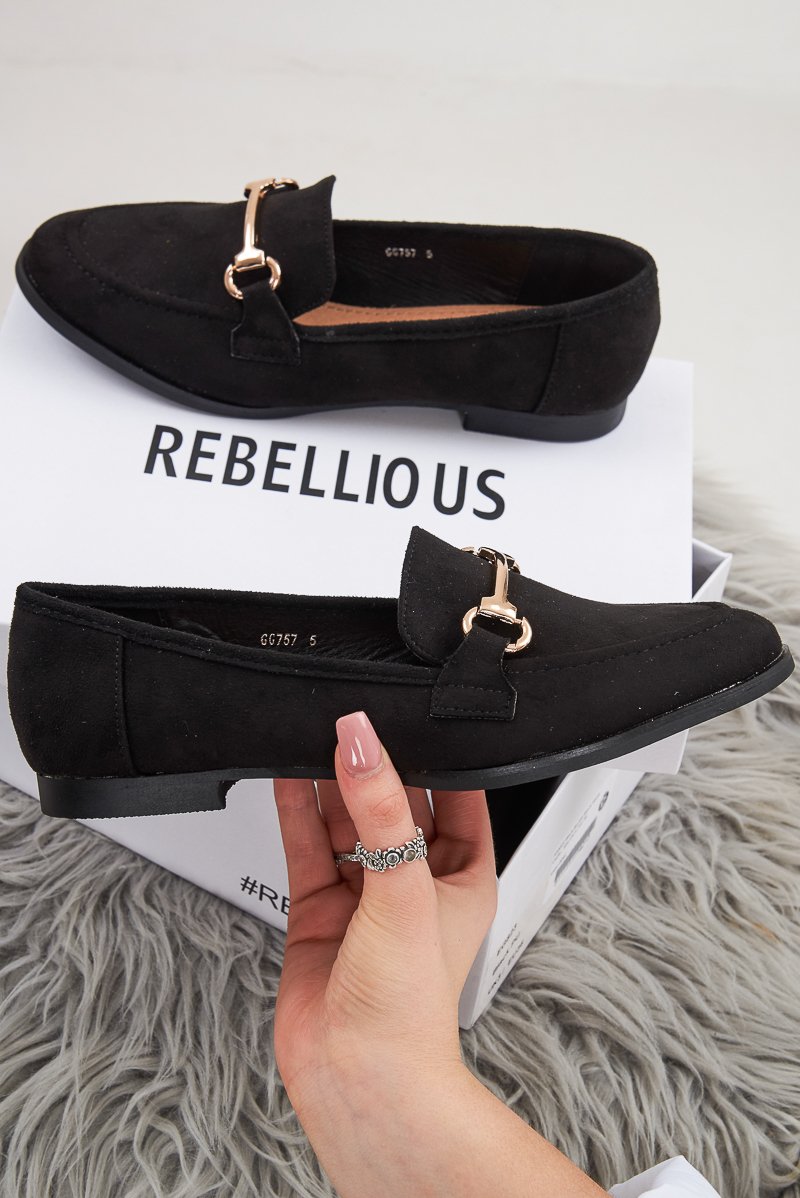Black Faux Suede Metal Hardware Front Loafers - Michelle-Flats