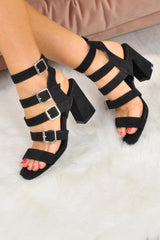 Black Faux Suede Multi Buckle Block Heels - Briya-Heels