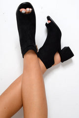 Black Faux Suede Open Front and Back Block Heel Boots - Brinlee-Boots