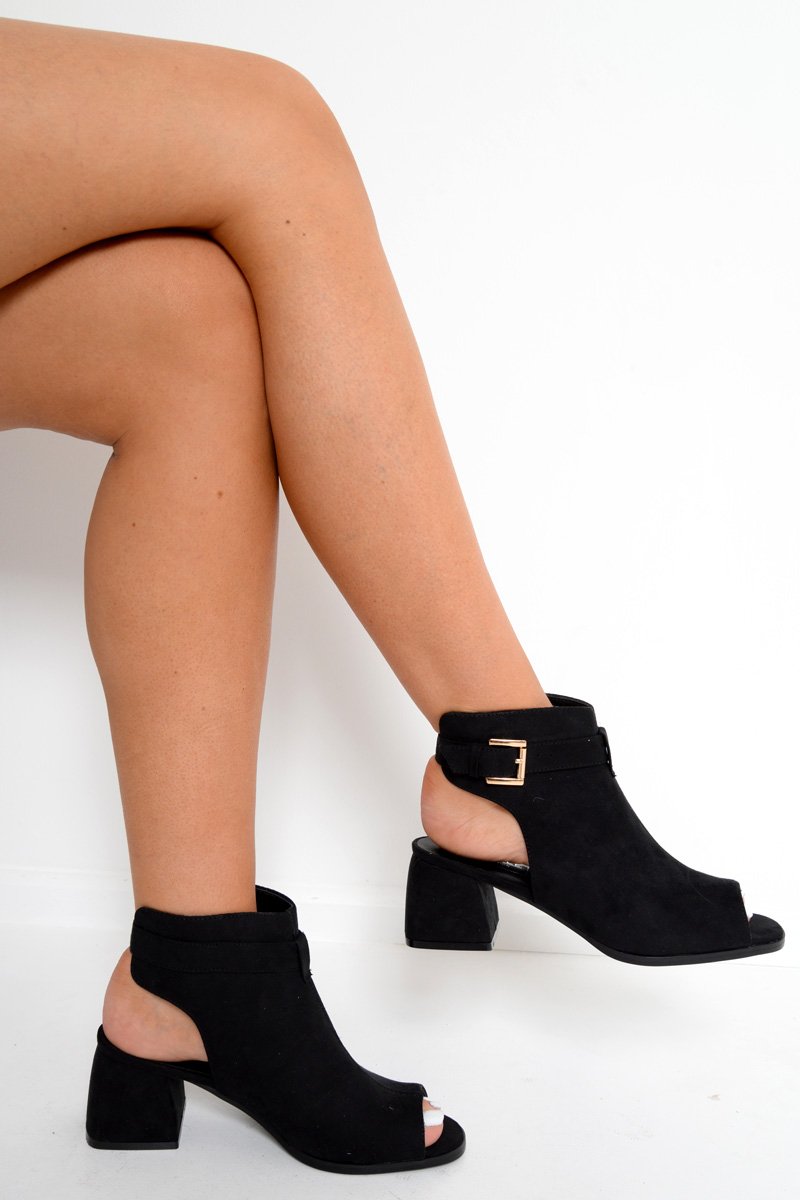 Black Faux Suede Open Front and Back Block Heel Boots - Brinlee-Boots