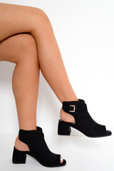 Black Faux Suede Open Front and Back Block Heel Boots - Brinlee-Boots