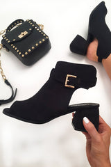 Black Faux Suede Open Front and Back Block Heel Boots - Brinlee-Boots