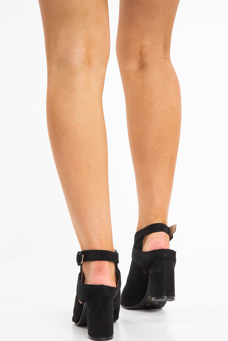 Black Faux Suede Open Toe Block Heels - Madeline-Heels