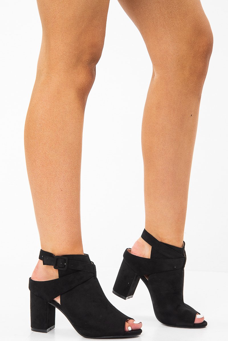 Black Faux Suede Open Toe Block Heels - Madeline-Heels