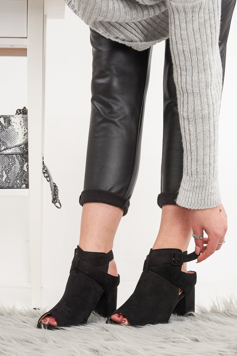 Black Faux Suede Open Toe Block Heels - Madeline-Heels