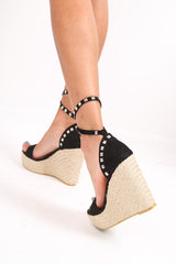 Black Faux Suede Open Toe Studded Wedges - Aaleah-Wedges