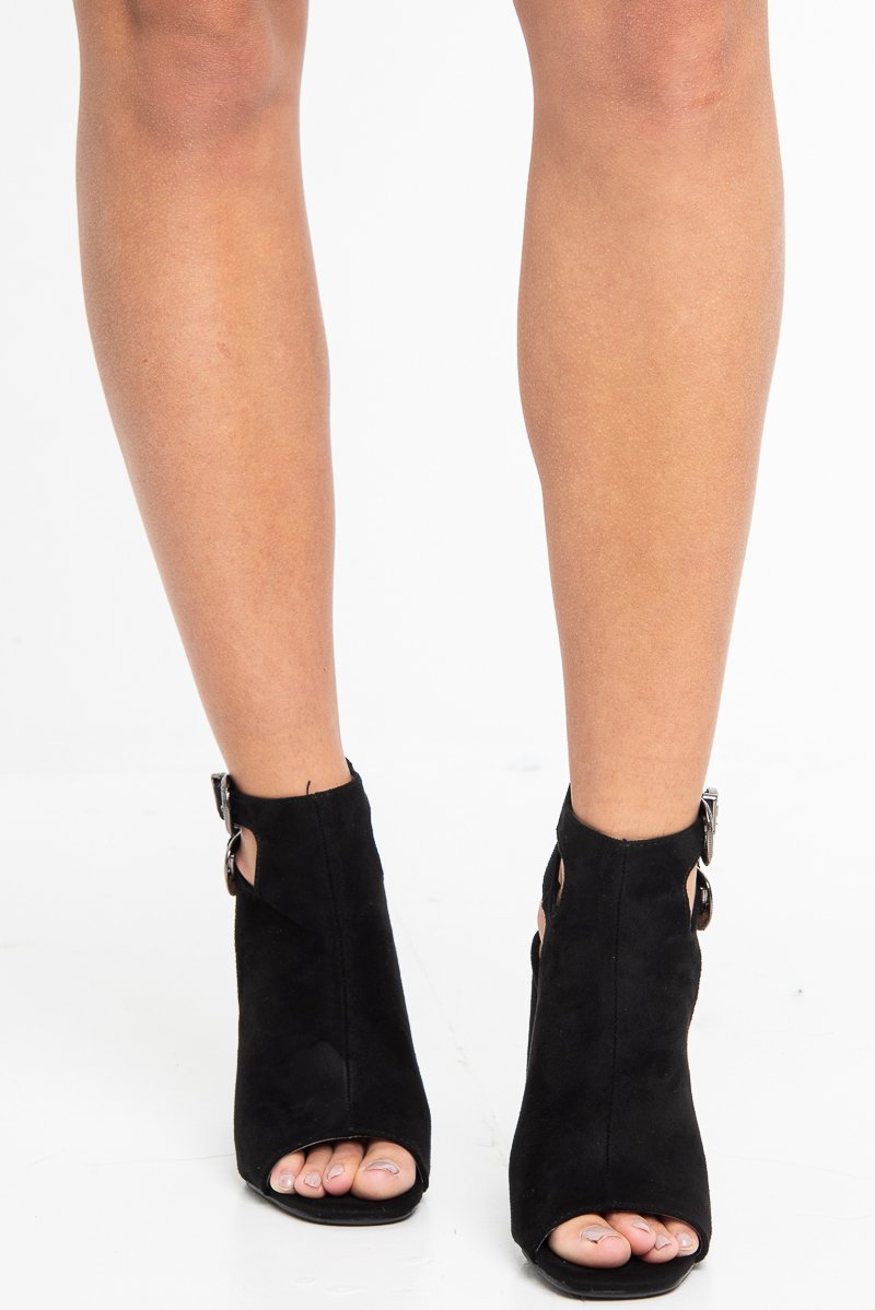 Black Faux Suede Peep Toe Block Heel Boots - Kenzy-Shoes