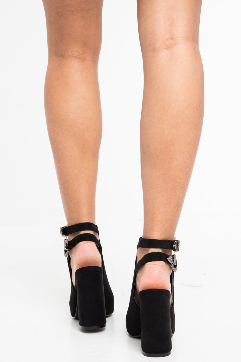 Black Faux Suede Peep Toe Block Heel Boots - Kenzy-Shoes