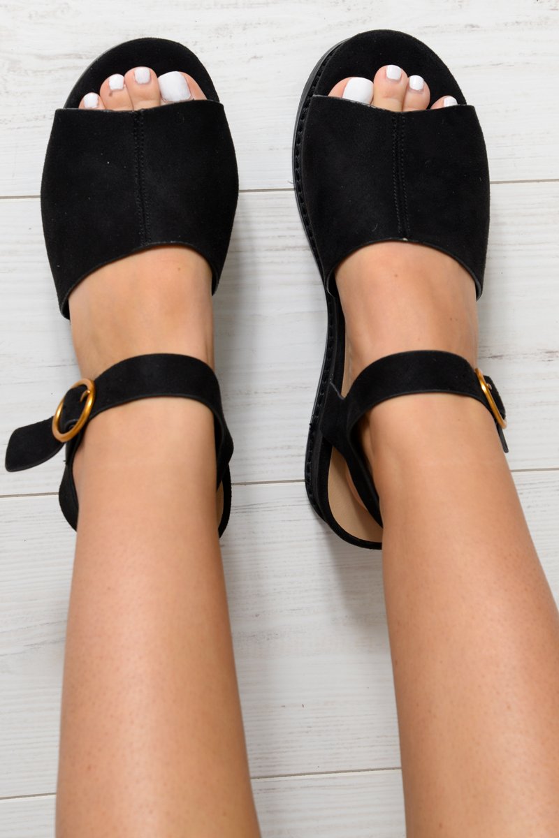 Black Faux Suede Peep Toe Flatforms - Bernetta-Wedges