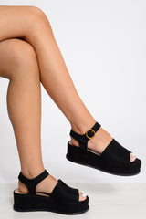 Black Faux Suede Peep Toe Flatforms - Bernetta-Wedges