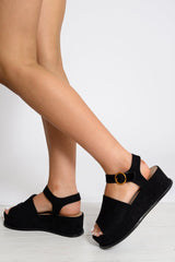 Black Faux Suede Peep Toe Flatforms - Bernetta-Wedges