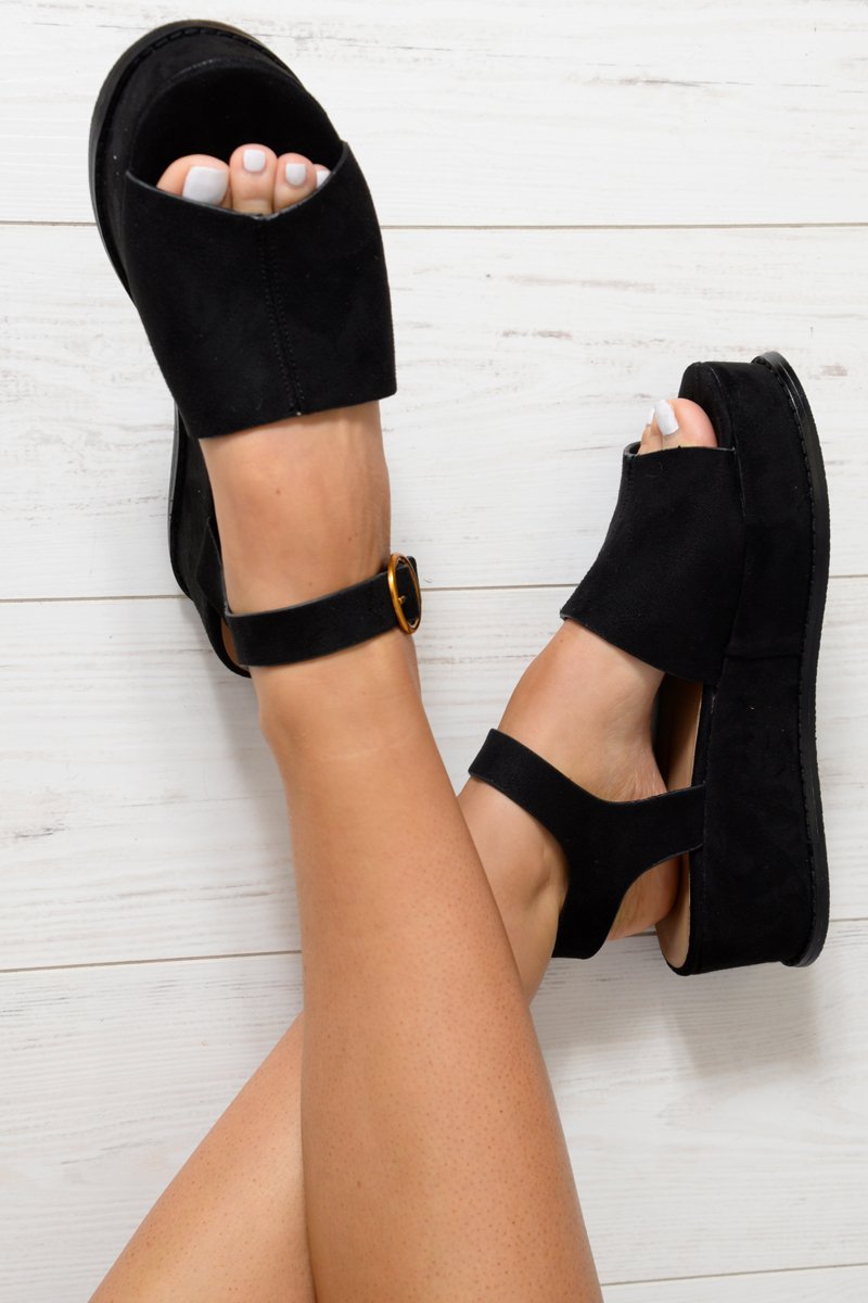 Black Faux Suede Peep Toe Flatforms - Bernetta-Wedges