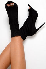 Black Faux Suede Peep Toe Sock Boots - Aarushi-Shoes