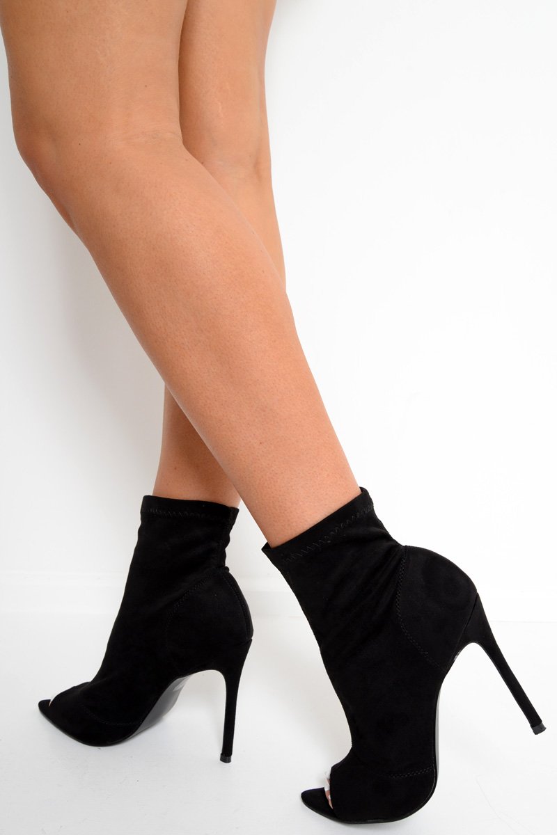 Black Faux Suede Peep Toe Sock Boots - Aarushi-Shoes