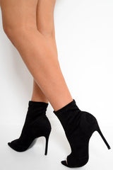 Black Faux Suede Peep Toe Sock Boots - Aarushi-Shoes