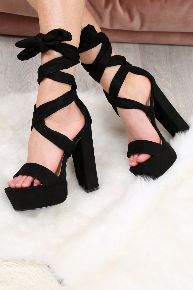 Black Faux Suede Platform Lace Up High Heels - Niara-Heels