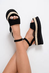 Black Faux Suede Platform Wedges - Kareli-Wedges