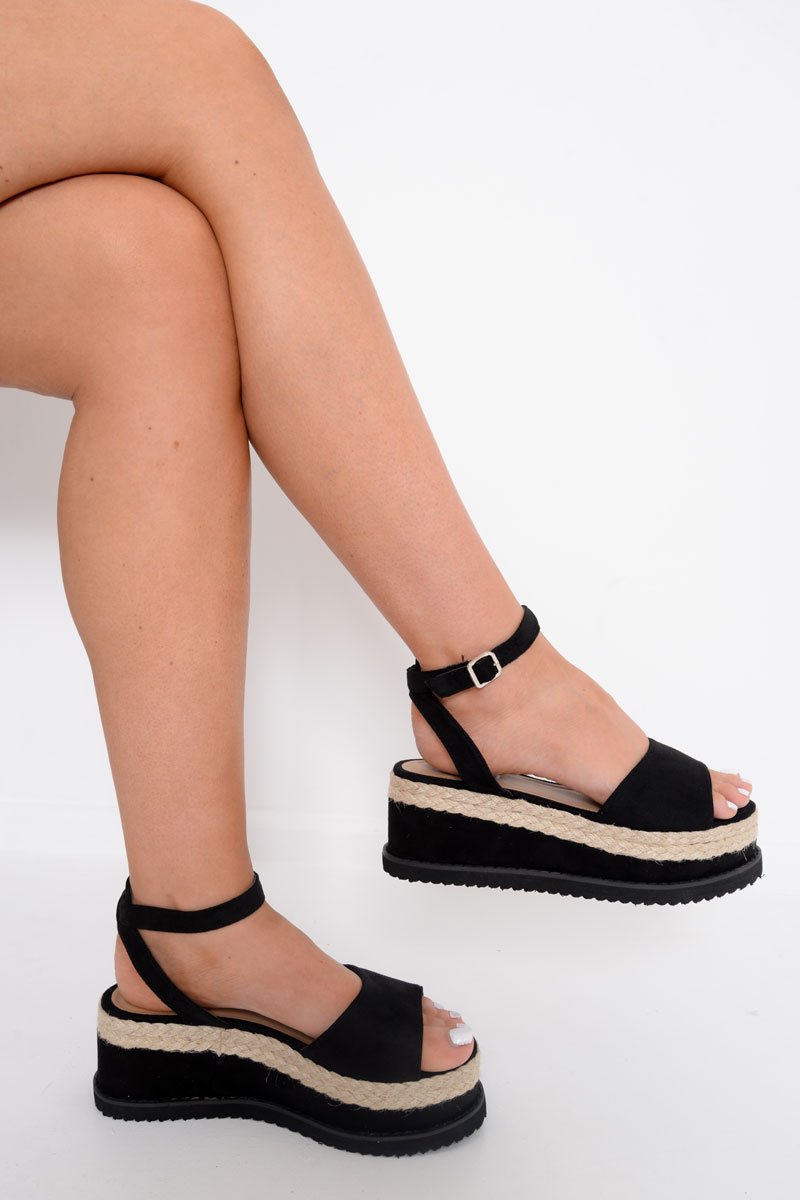 Black Faux Suede Platform Wedges - Kareli-Wedges